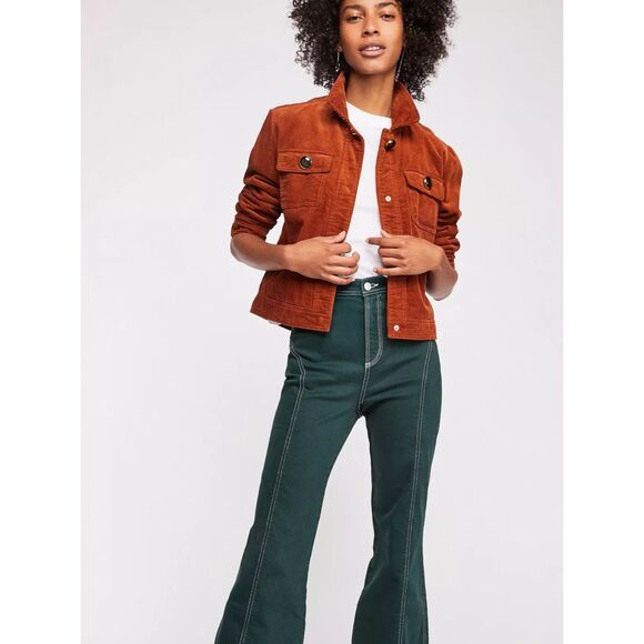 Free People High-Rise Foxy Flare Jeans Green Size 29R Retro Boho Stretch Denim - Picture 2 of 10